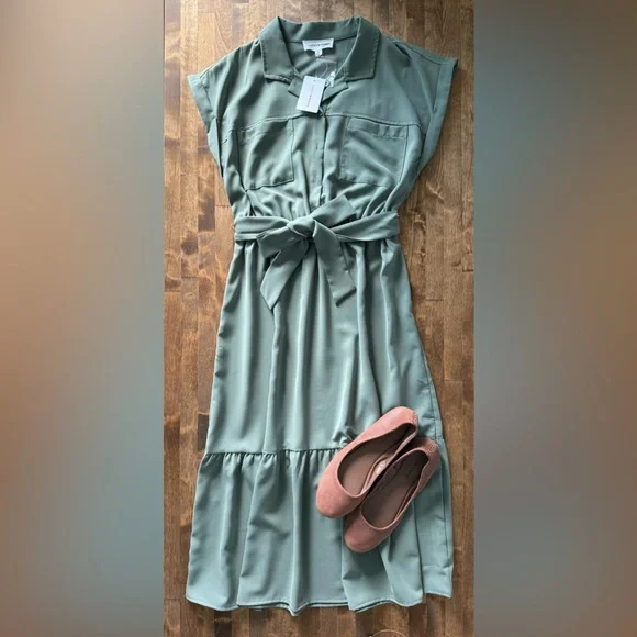 Lucky Brand Women’s Green Button-Front Midi Shirt Dress with Belt Size Small - Picture 2 of 4